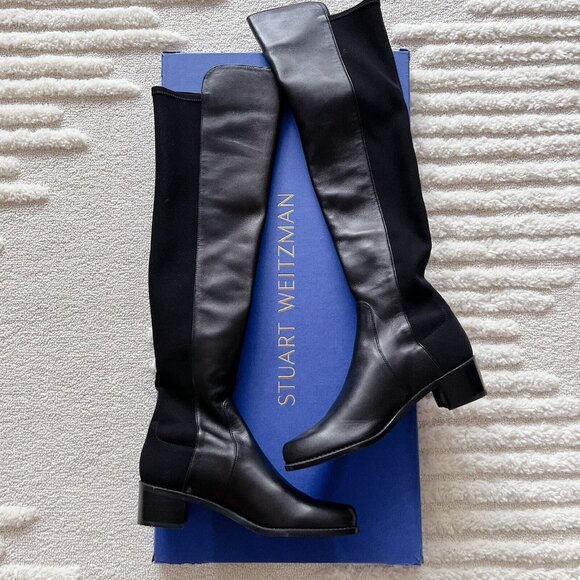 Stuart Weitzman City 5050 Block Heel Over The Knee OTK Black Leather Boots US7.5 - Picture 4 of 13